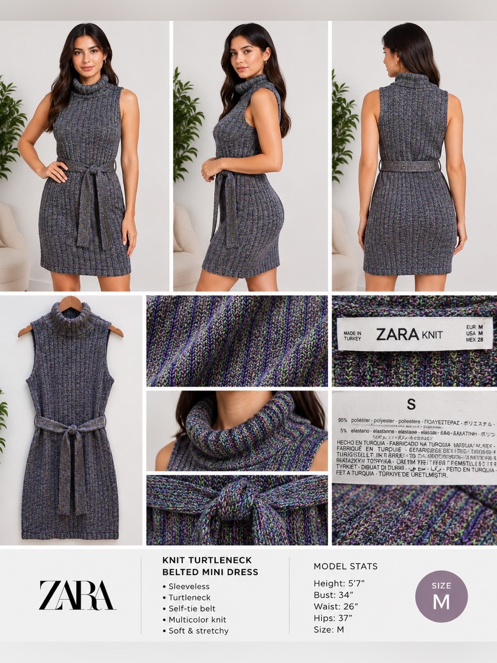 Zara Knit Multicolor Sleeveless Turtleneck Belted Mini Dress Size M